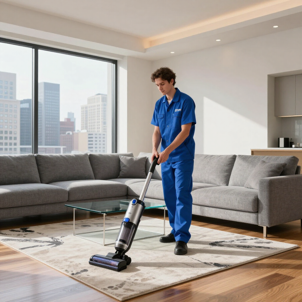 Person vacuuming a rug in a bright living room with a gray sectional sofa
