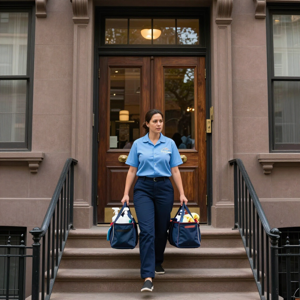 Woman carrying two bags down steps outside a townhouse entrance