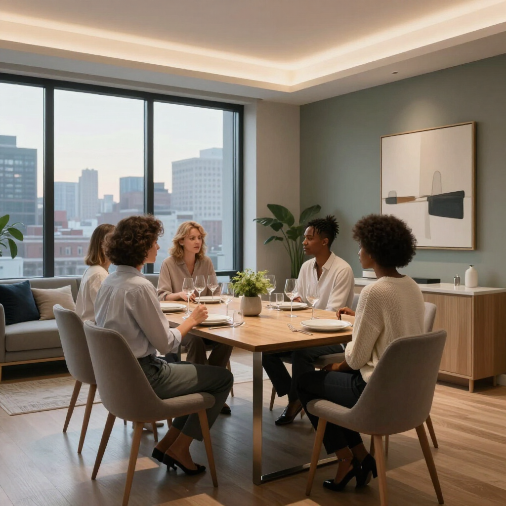 Four colleagues in a modern conference room meeting around a wooden table with a city view.