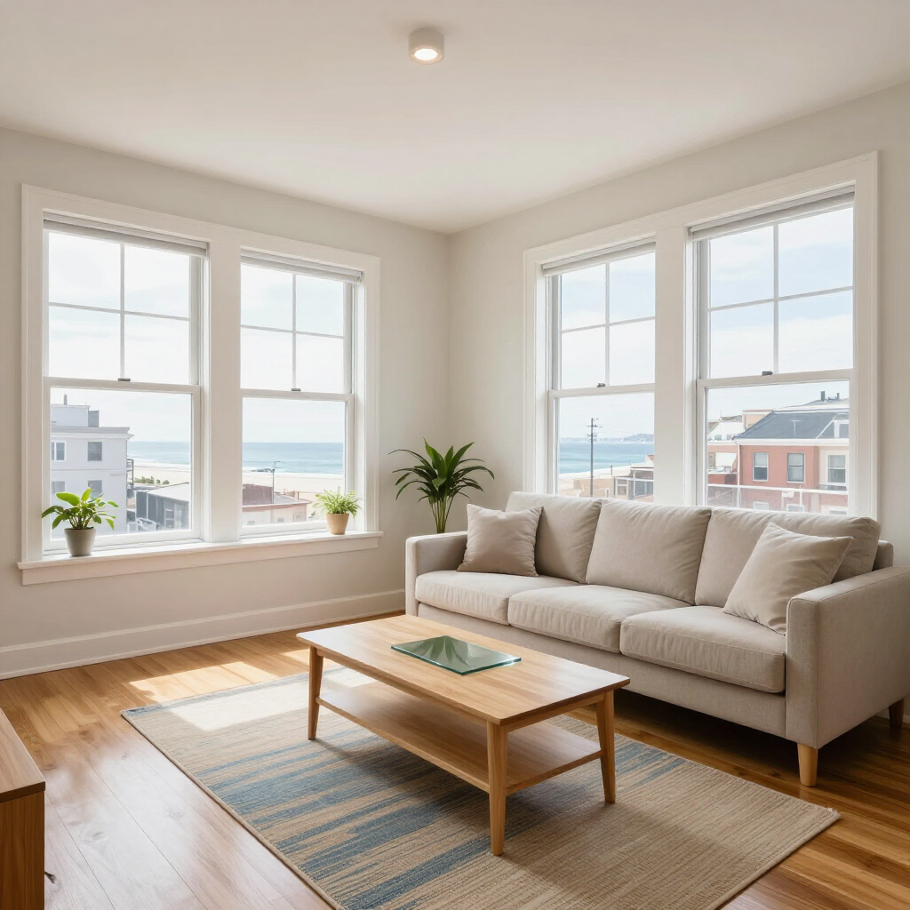 Bright living room with white sofa, wooden coffee table, large windows, and ocean view