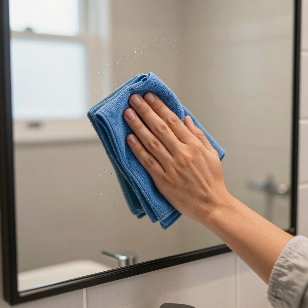 Hand wiping a bathroom mirror with a blue cloth