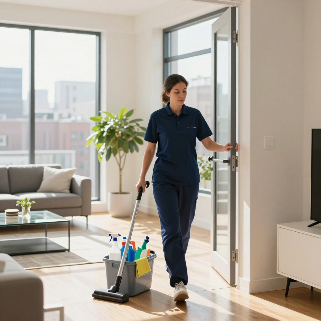 Cleaner in navy uniform carrying a mop and bucket through a bright modern apartment