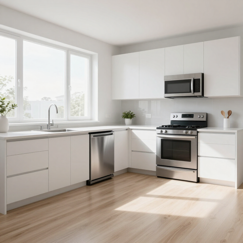 Bright modern white kitchen with large window, stainless steel appliances, and sunlit wood floor