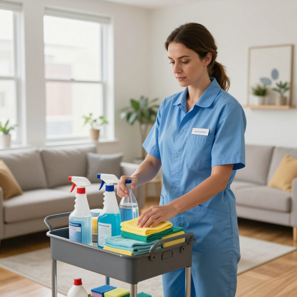 Cleaner wiping a cart of cleaning supplies in a bright living room