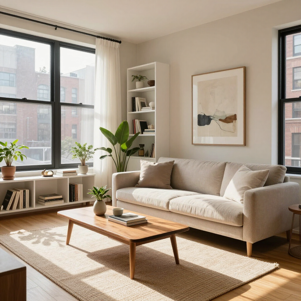 Bright modern living room with beige sofa, wooden coffee table, plants, and large sunlit windows.