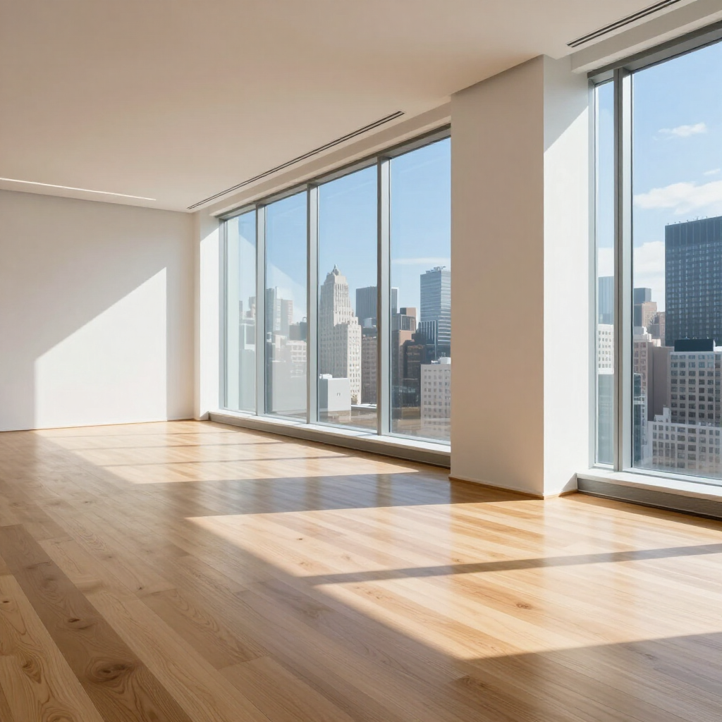 Sunlit empty room with hardwood floors and floor-to-ceiling windows overlooking a city skyline