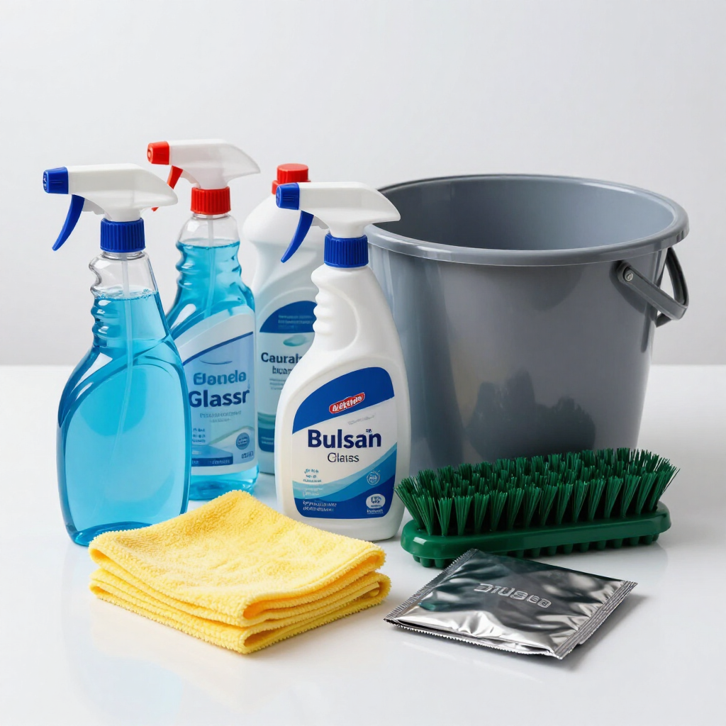 Cleaning supplies with spray bottles, detergent, cloths, brush, gray bucket, and sponge on a white background