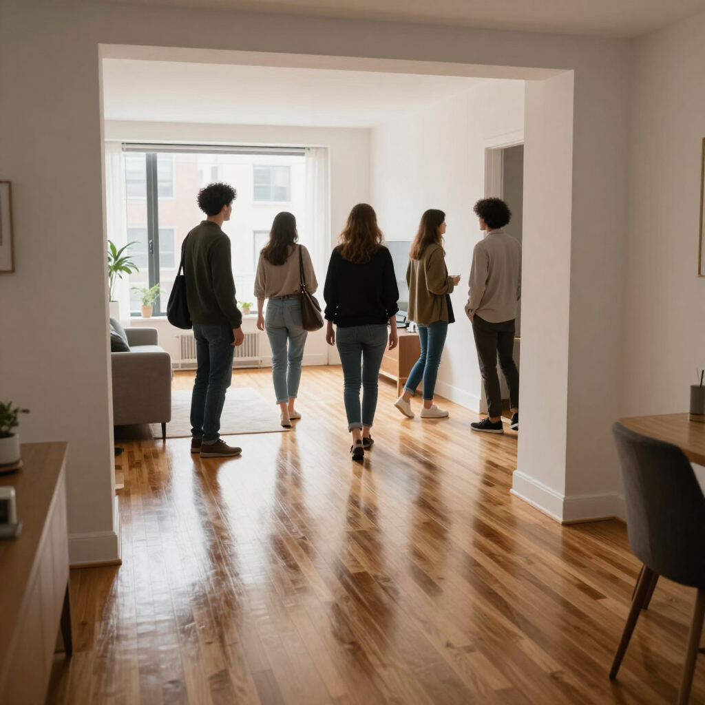 Five people walking through a bright, empty apartment with hardwood floors and sunlight from large windows