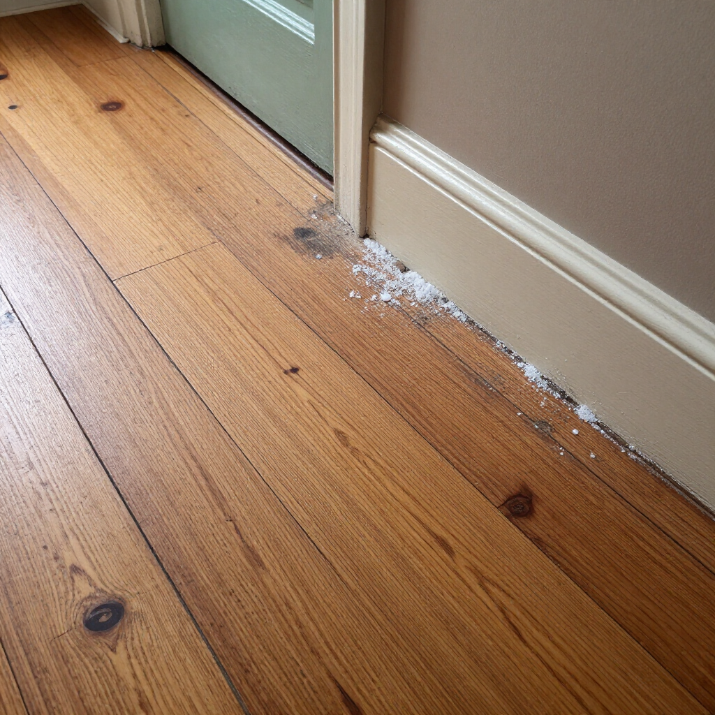 Wooden floor by a wall and doorframe with scattered white debris along the baseboard.