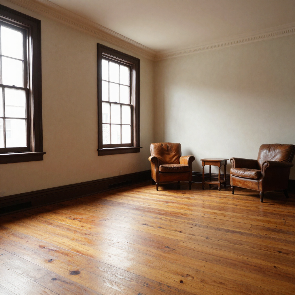 Empty room with hardwood floors, two windows, and two brown armchairs near a small table