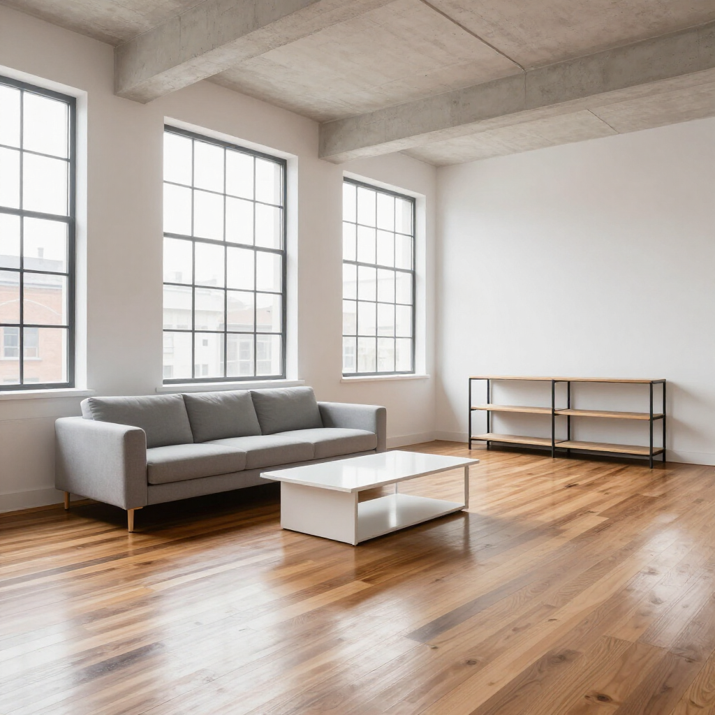 Bright empty living room with gray sofa, white coffee table, wood floors, and large windows.