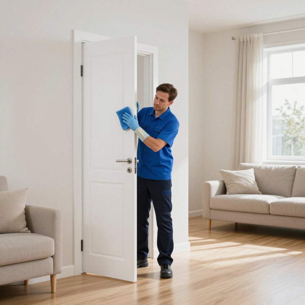 Person in blue shirt cleaning a white door in a bright living room