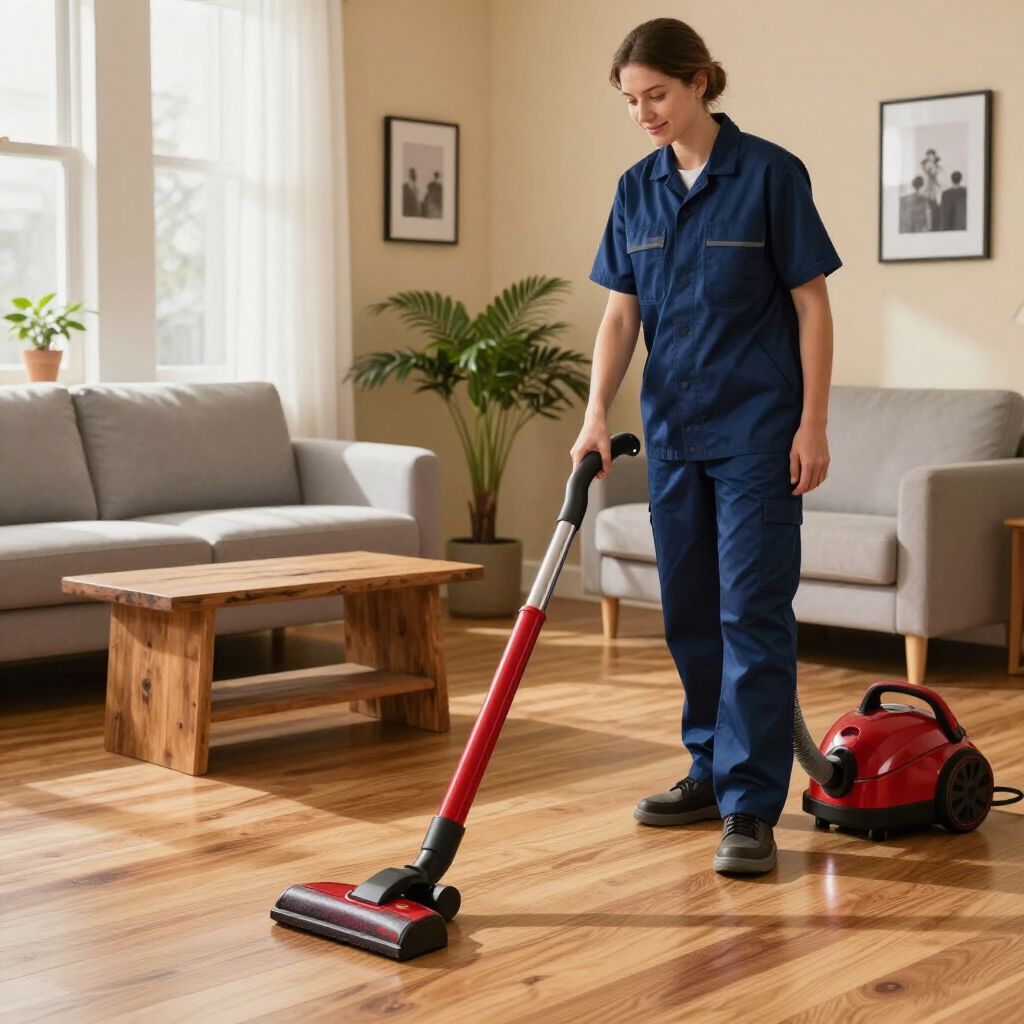 Person vacuuming a hardwood floor in a bright living room; red vacuum cleaner nearby.