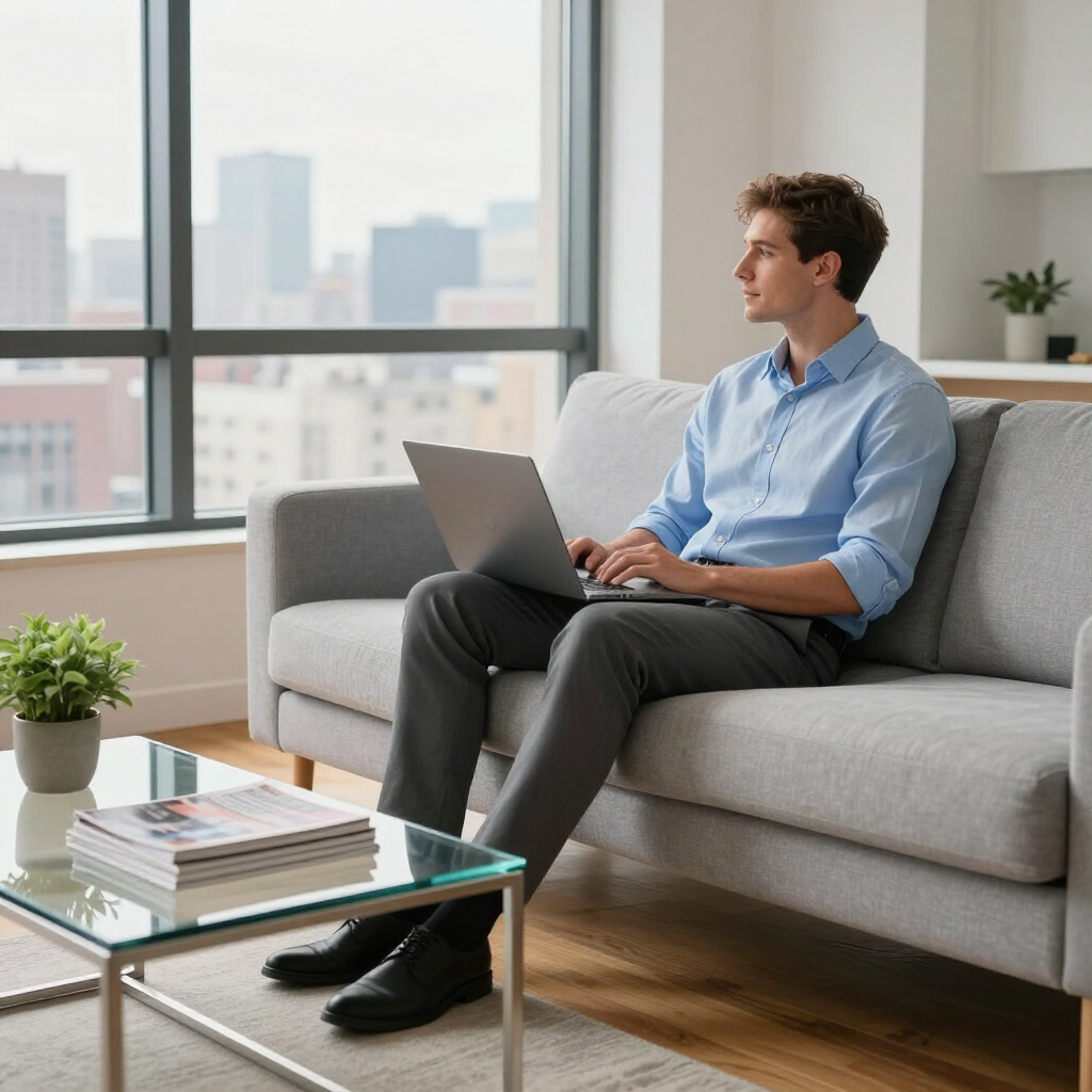 Person using a laptop on a gray sofa in a bright living room with city view