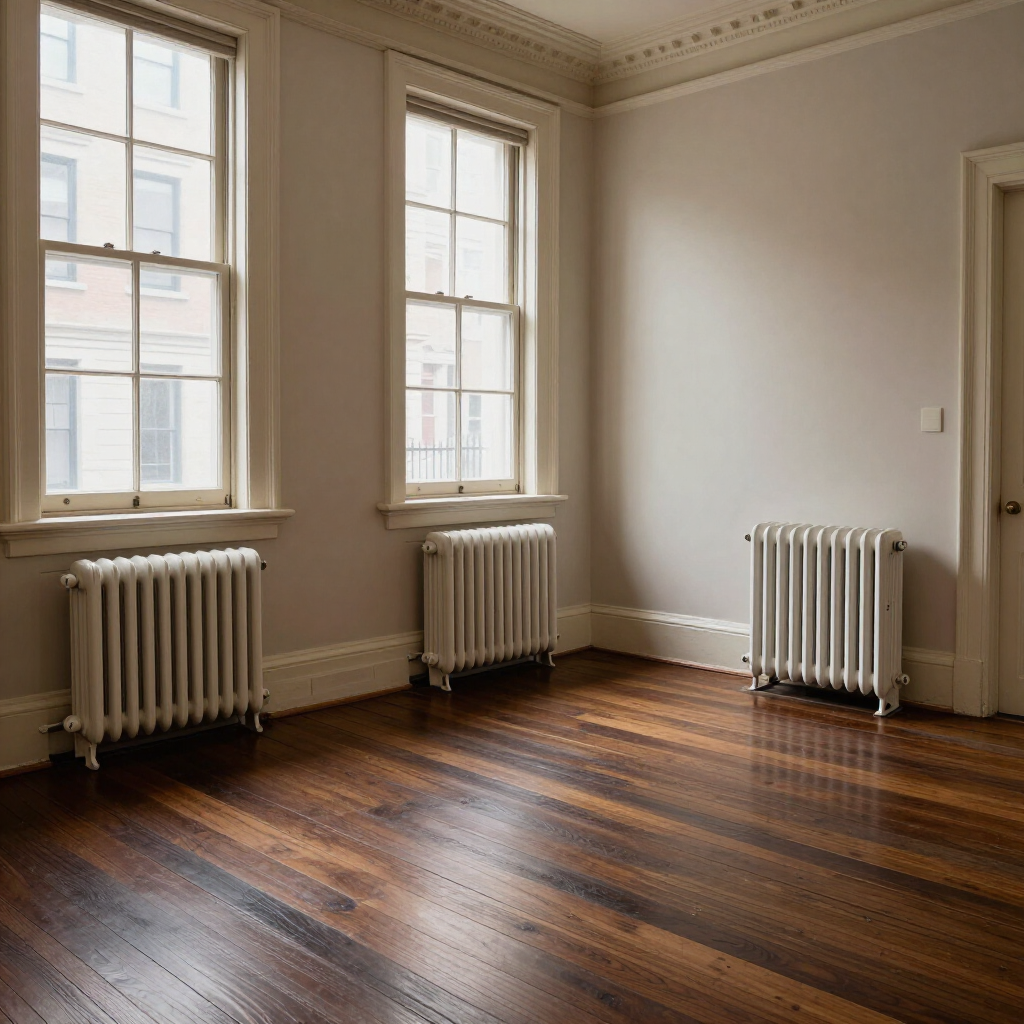 Empty room with hardwood floors, white walls, tall windows, and radiators along the wall.