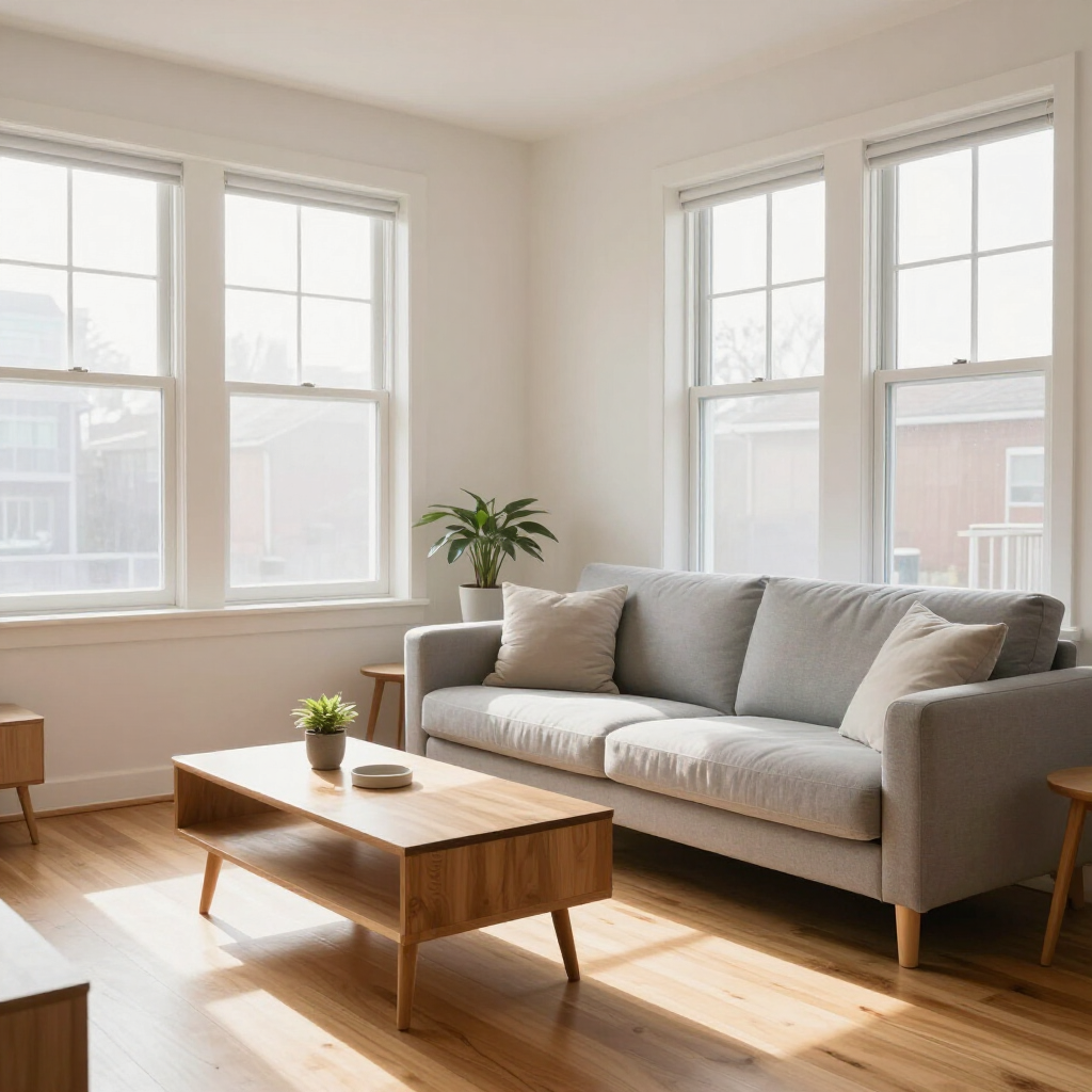 Bright living room with a gray sofa, wooden coffee table, potted plant, and large sunlit windows.