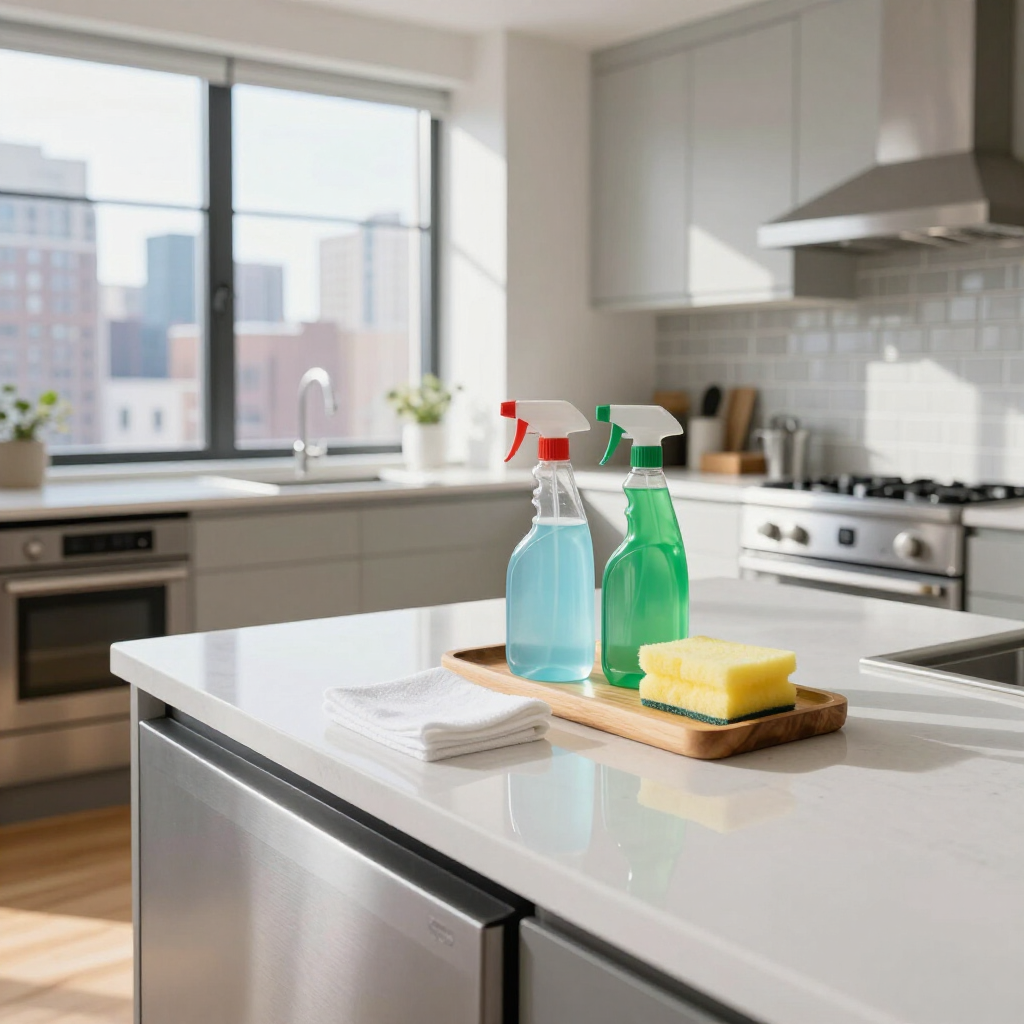 Kitchen countertop with cleaning sprays, sponge, and cloth near a stainless steel sink and stove