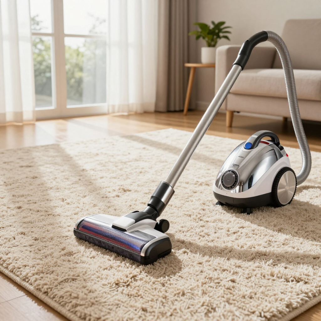 Vacuum cleaner on a beige carpet in a sunlit living room