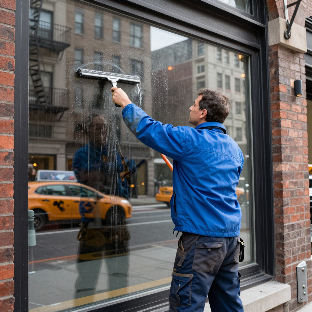 Man in a blue jacket cleaning a large storefront window with a squeegee, city street reflections behind him