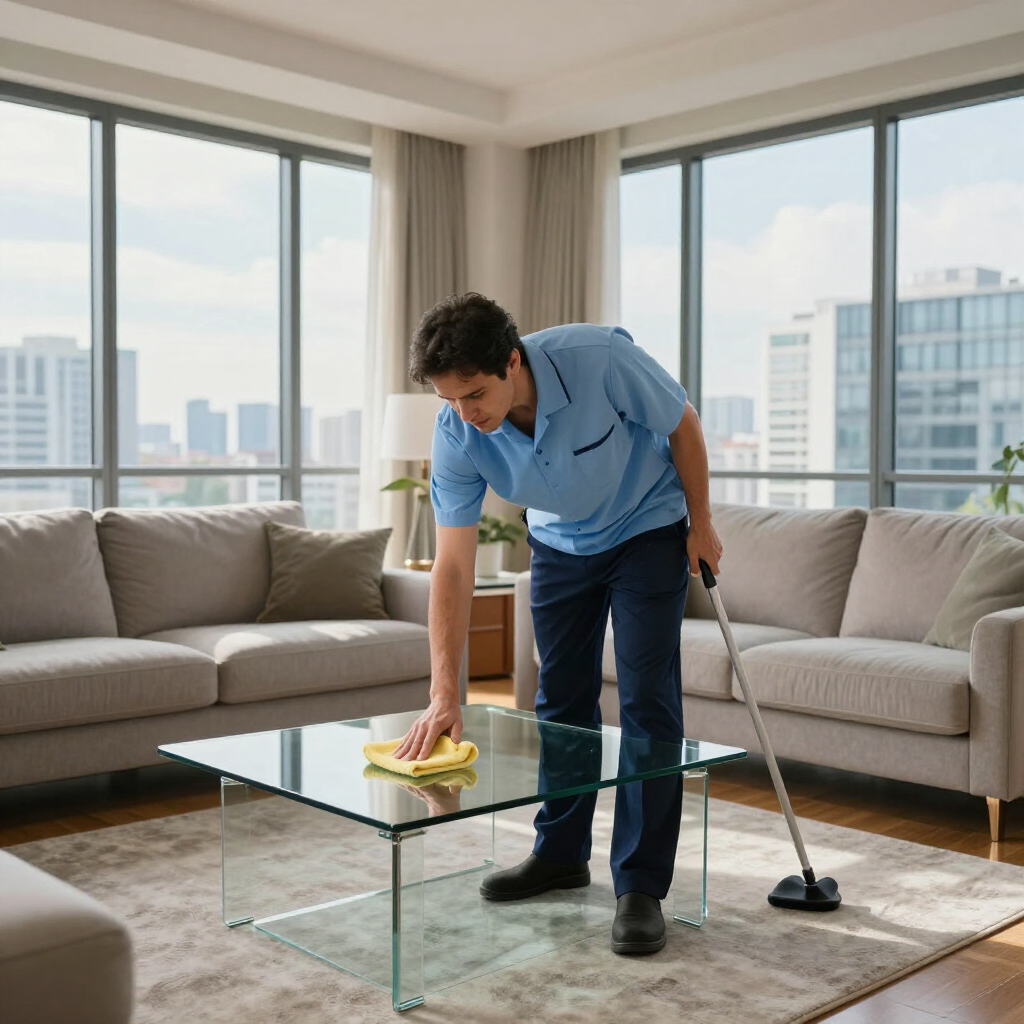 Person cleaning a glass coffee table in a bright living room with a vacuum nearby