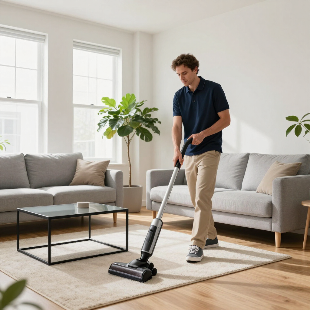 Man vacuuming a bright living room with a cordless upright vacuum