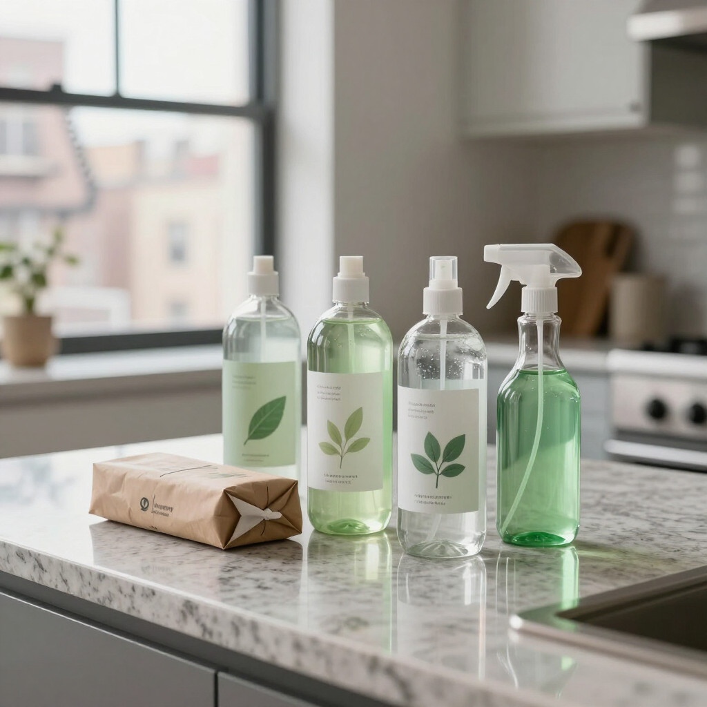 Reusable cleaning spray bottles on a kitchen counter beside a cloth