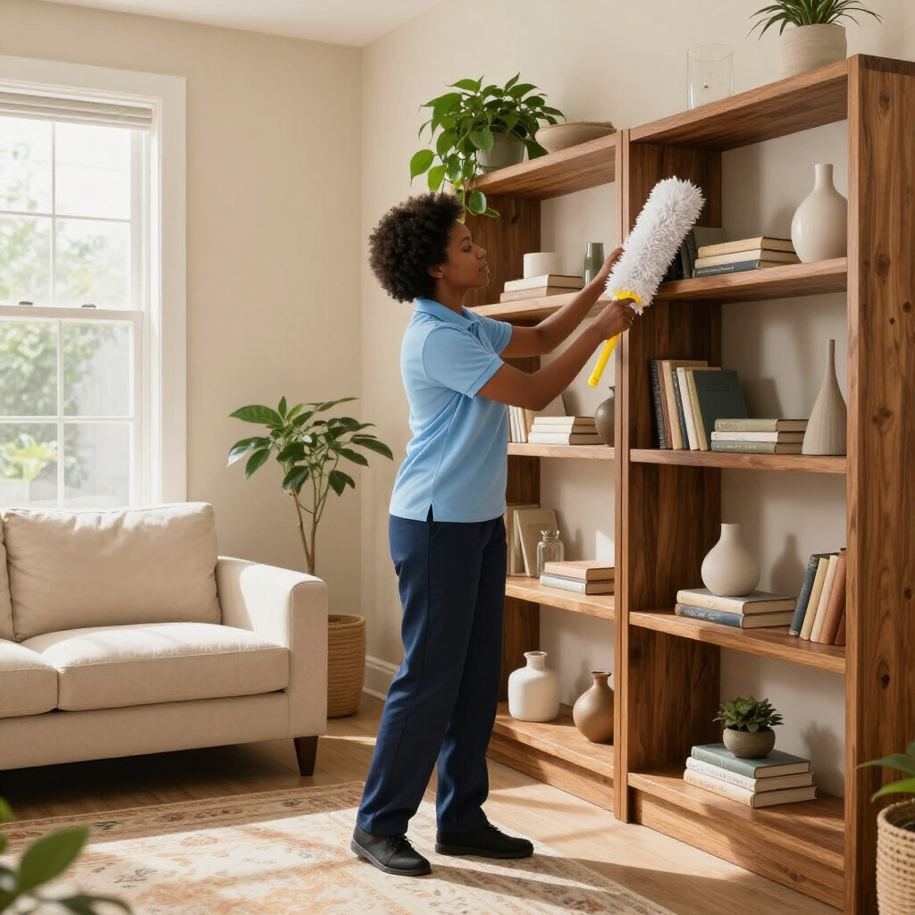 Person dusting a wooden bookshelf in a bright living room beside a sofa and window.