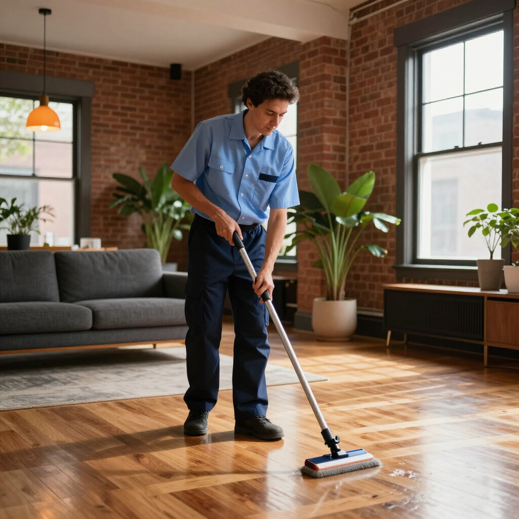 Person mopping a hardwood floor in a bright living room with brick walls and large windows