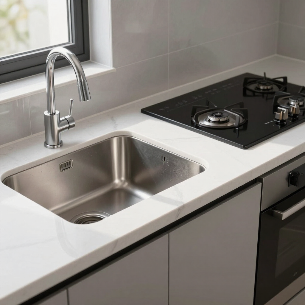 Modern kitchen with stainless steel sink, chrome faucet, and black gas cooktop on a white countertop