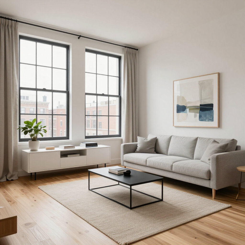 Bright modern living room with large windows, gray sofa, coffee table, rug, and potted plant