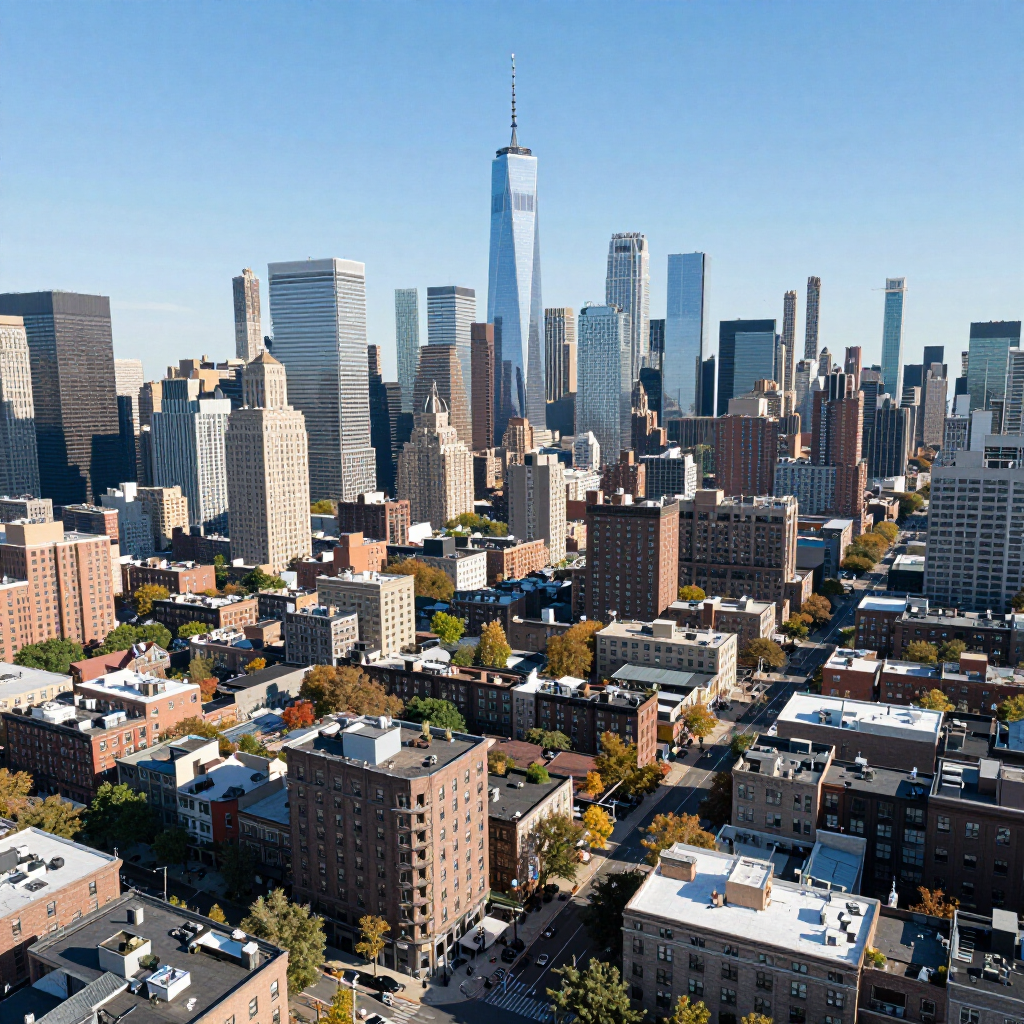 Manhattan skyline with One World Trade Center above dense city buildings under a clear blue sky