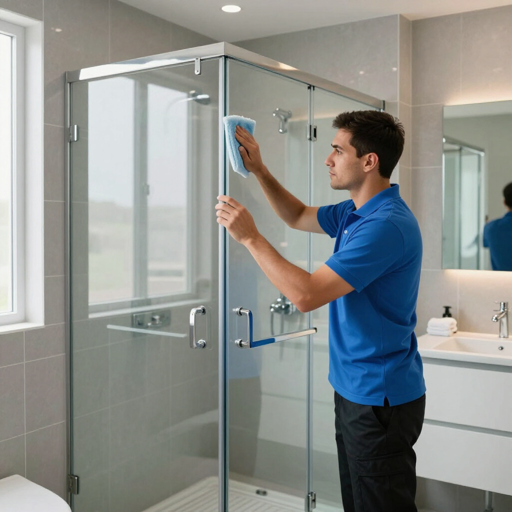 Man cleaning a glass shower door with a blue cloth in a modern bathroom