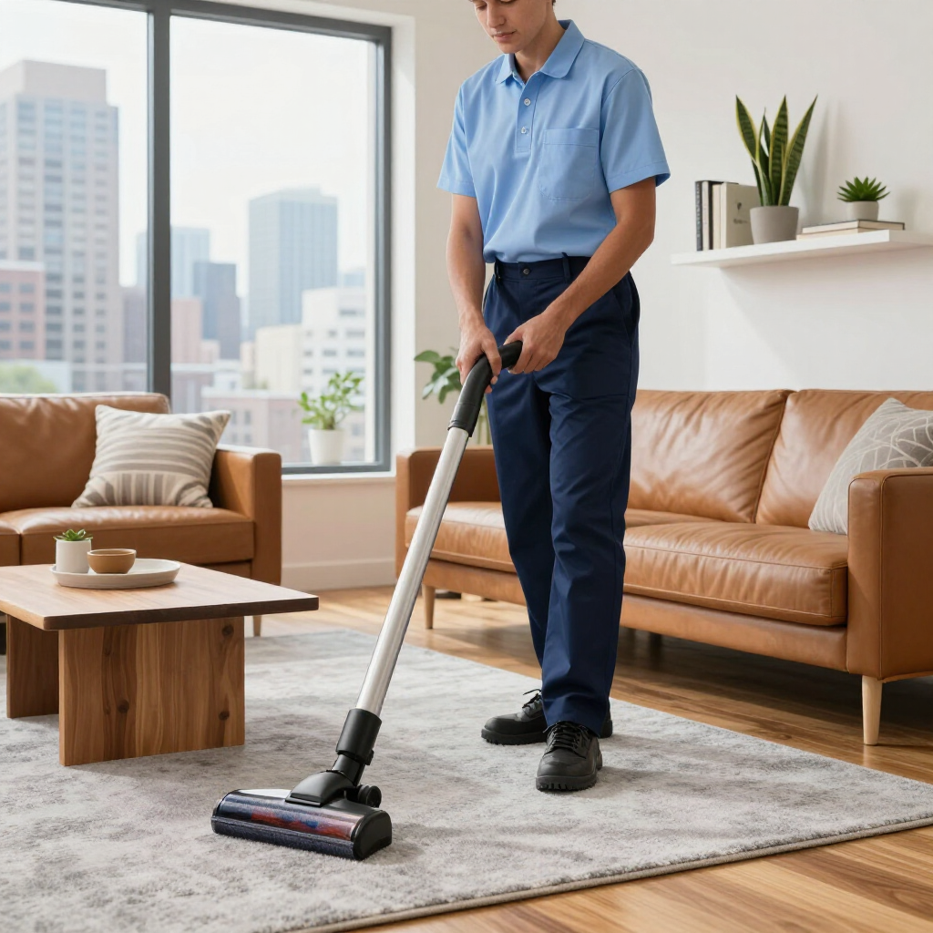 Person vacuuming a rug in a bright living room with tan sofa and city view