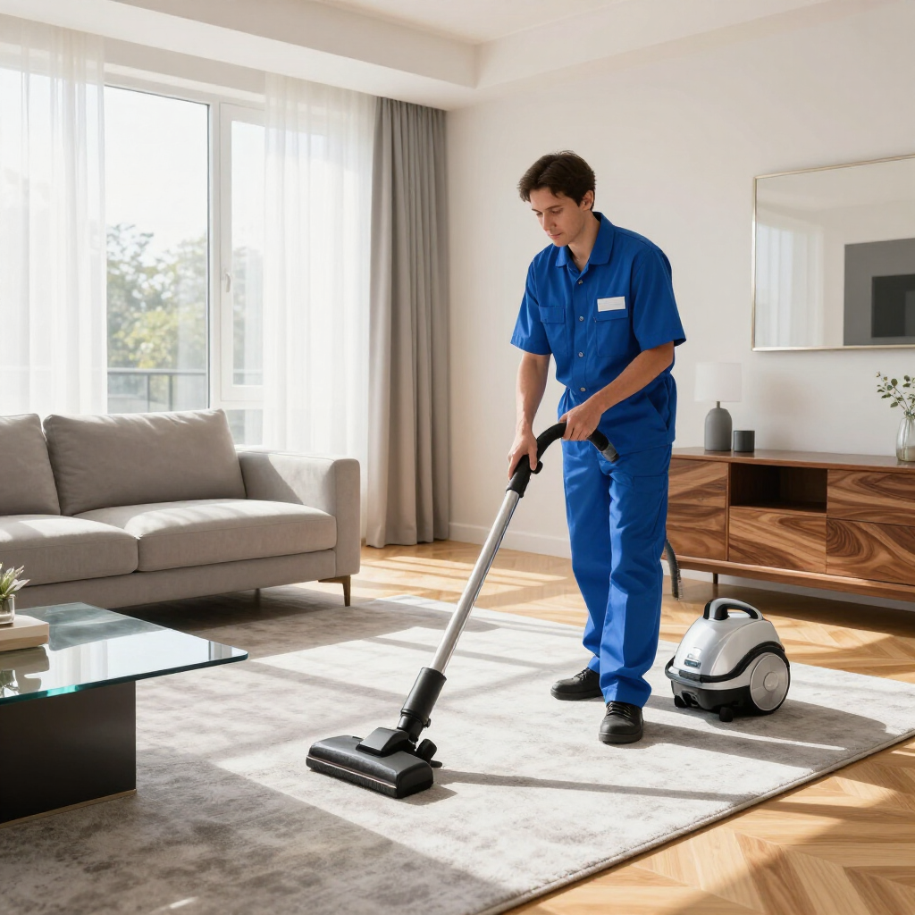 Vacuuming a bright living room with a canister vacuum and gray sofa nearby