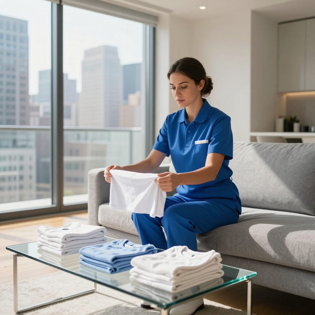 Housekeeper in blue uniform folding towels in a bright living room beside a glass coffee table