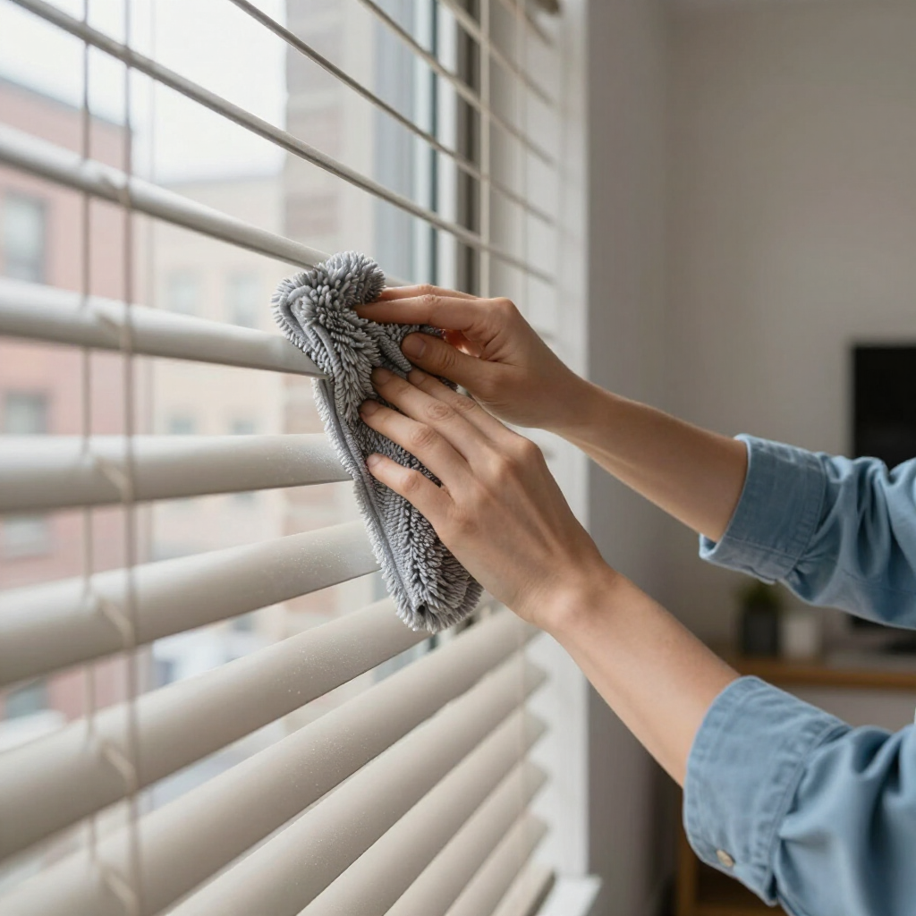 Hands wiping white window blinds with a gray cloth near a sunlit window