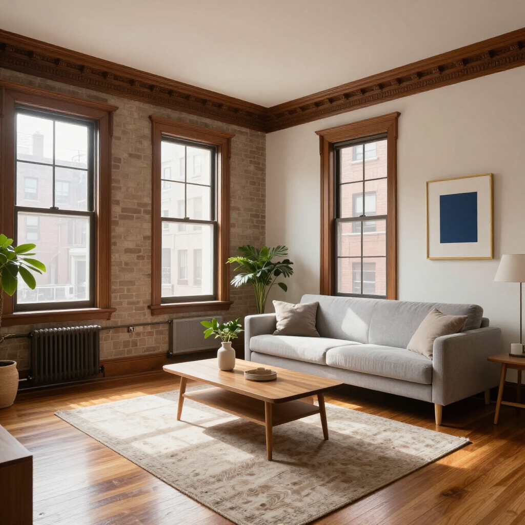 Bright living room with large windows, gray sofa, wooden coffee table, plants, and sunlight on a rug