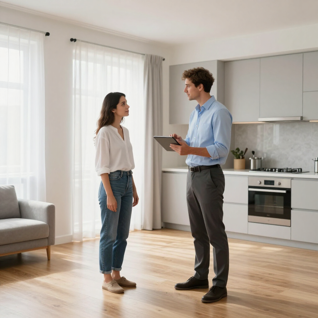Two people talking in a bright apartment kitchen, one holding a tablet.