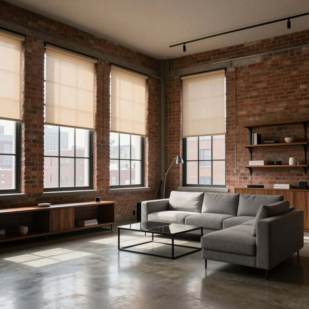 Loft living room with exposed brick, large windows, gray sofa, and black coffee table
