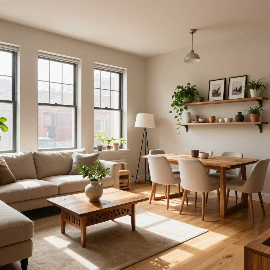 Bright living-dining room with beige sofa, wooden table, plants, and sunlight through large windows