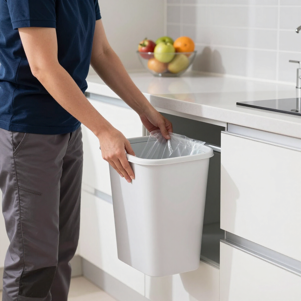 Person placing a white trash bin into a kitchen cabinet pull-out drawer