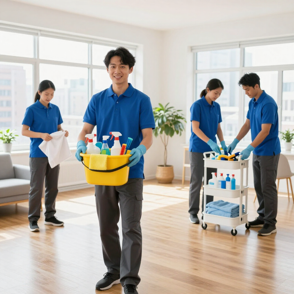 Cleaning crew in blue uniforms with supplies in a bright office, one person carrying a yellow caddy and two moving a cart.