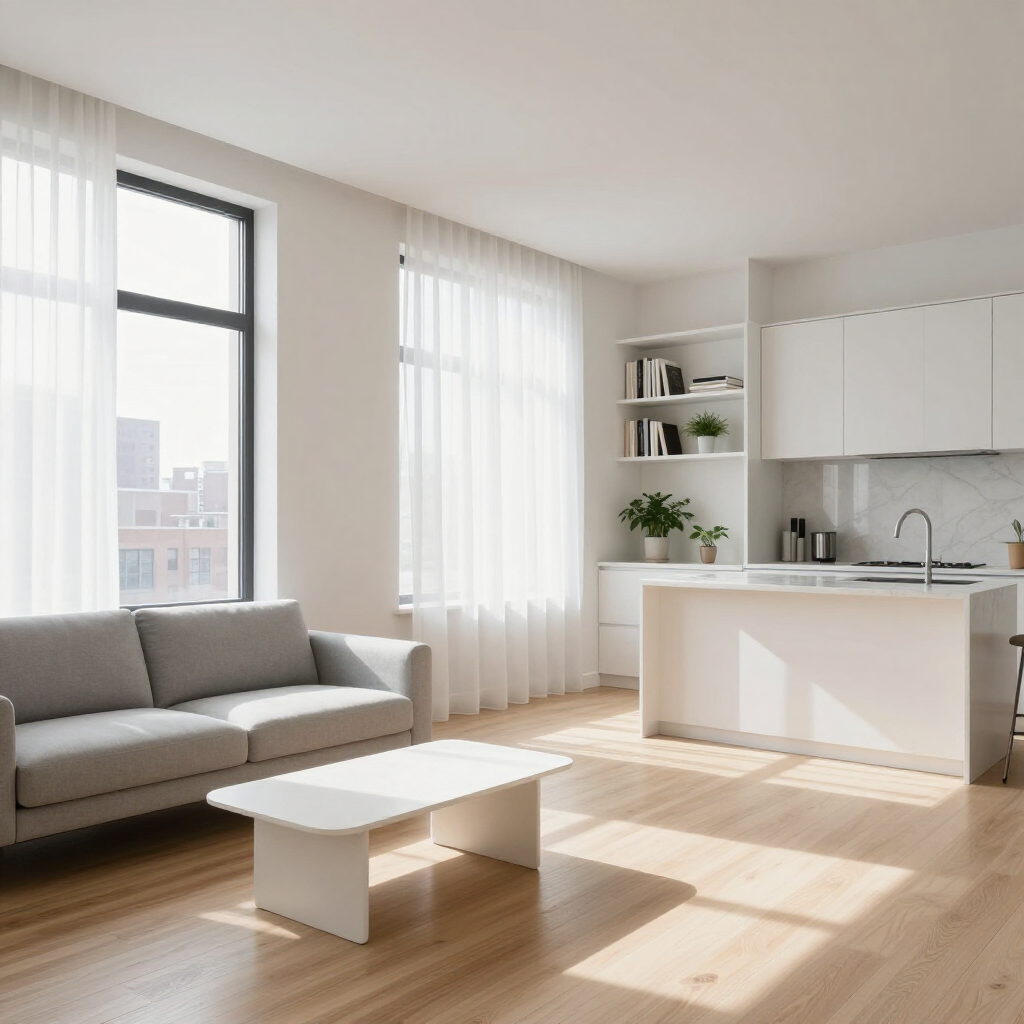 Bright modern living room with gray sofa, white coffee table, and sunlit kitchen area