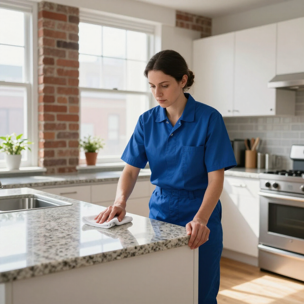 Person cleaning a kitchen countertop with a cloth in a bright, modern kitchen