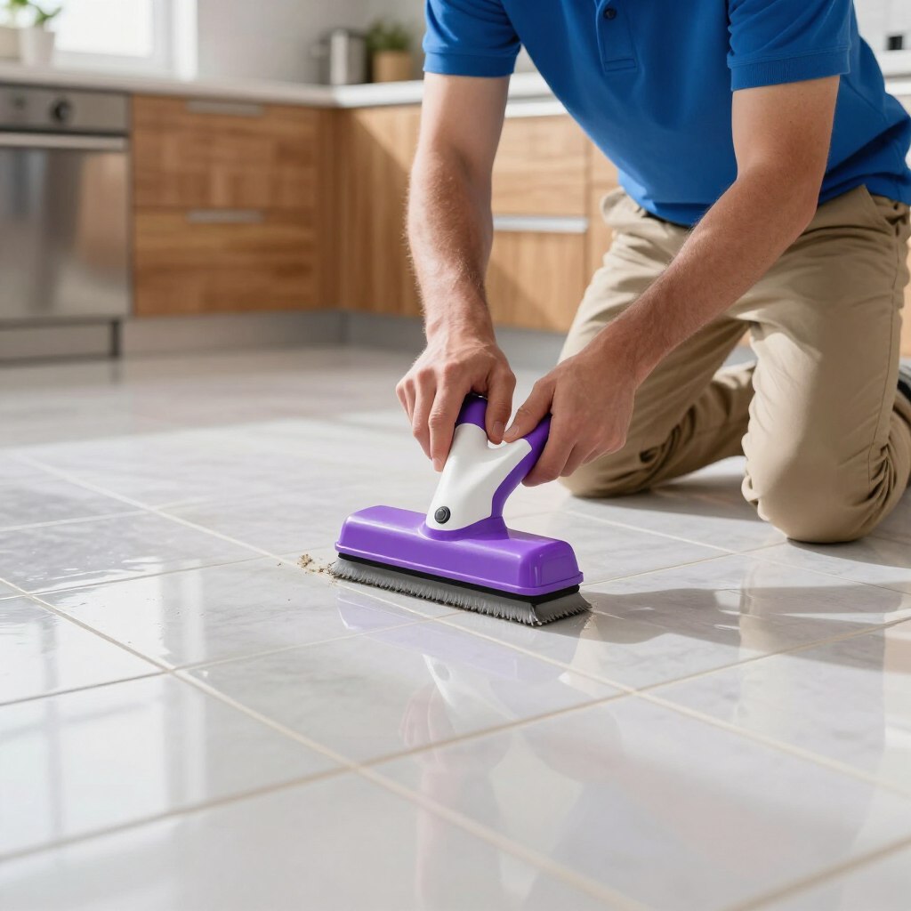 Person cleaning white tile floor with a purple scrub brush in a kitchen