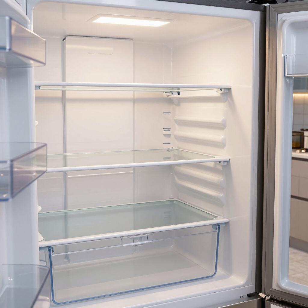 Empty white refrigerator interior with glass shelves and clear drawers open at the door.