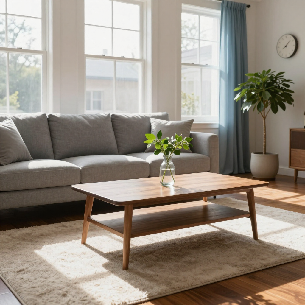 Bright living room with a gray sofa, wooden coffee table, rug, plant, and large windows with blue curtains