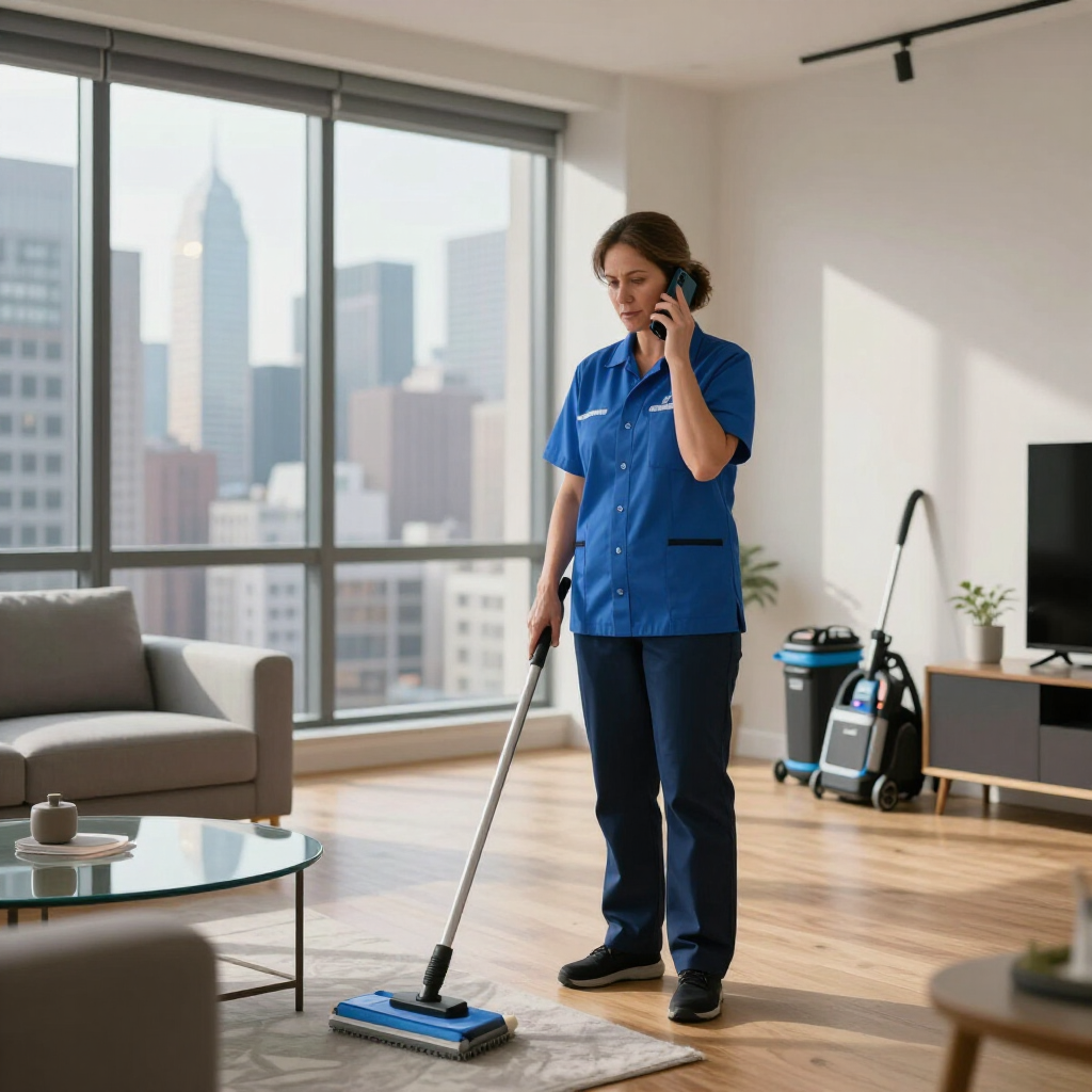 Office cleaner vacuuming while talking on a phone in a bright high-rise apartment with city view