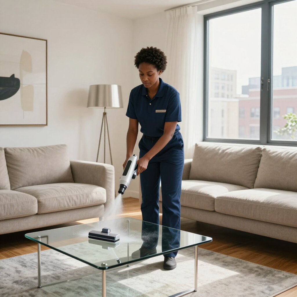Person vacuuming a glass coffee table in a bright living room with beige sofas and a floor lamp