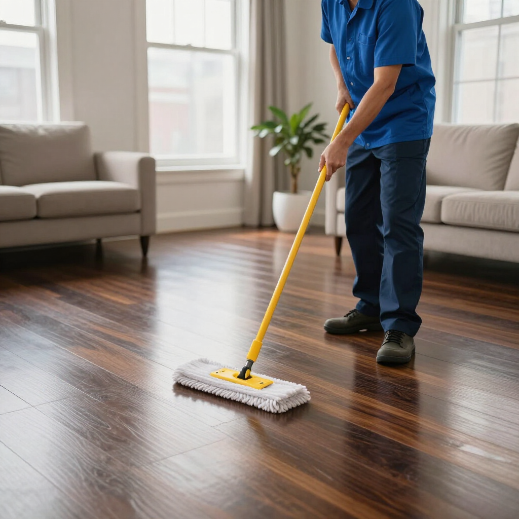Person mopping a shiny hardwood floor in a bright living room